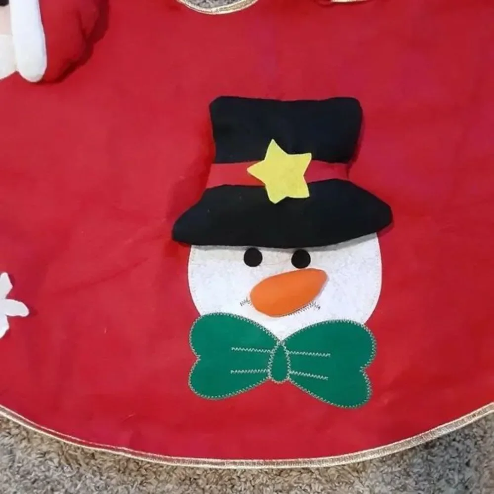 Santa Rudolph and Frosty The Snowman Red Felt Christmas Tree Skirt